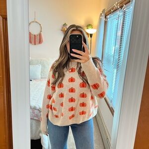 Vince Camuto Cream Sweater with Orange Pumpkin Pattern